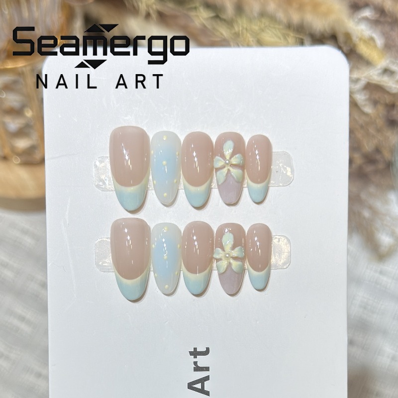 Nail Art Simple - 10PCS Simple Blue French Press on