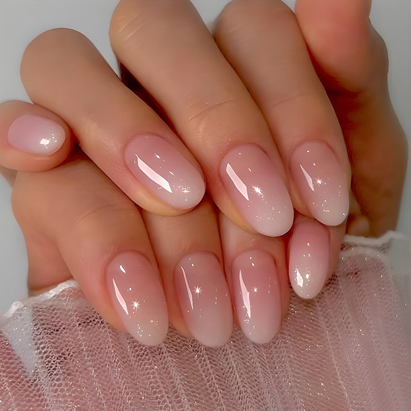 Nail Art Cat Eye Simple - 24Pcs Oval Short Pink Press on