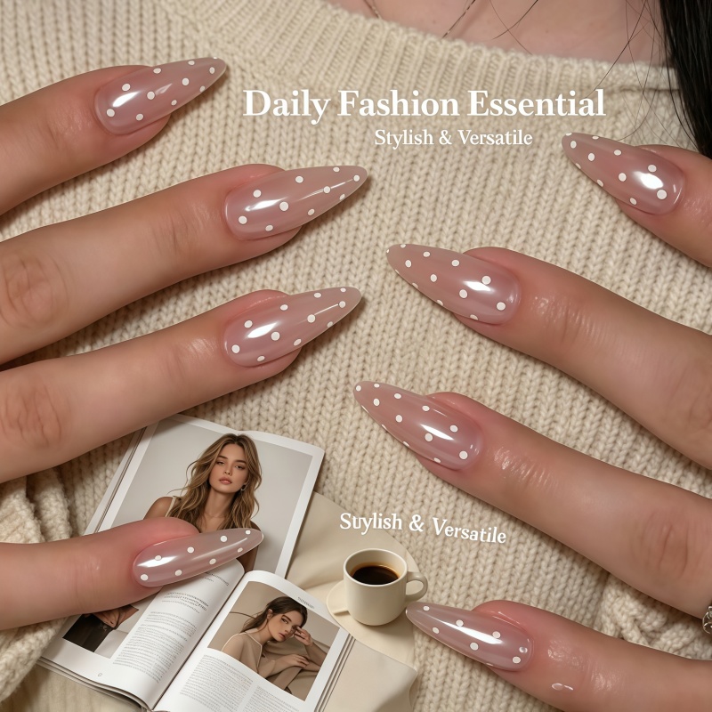Nail Art Simple Elegant - 24PCS Shiny nude white polka dot